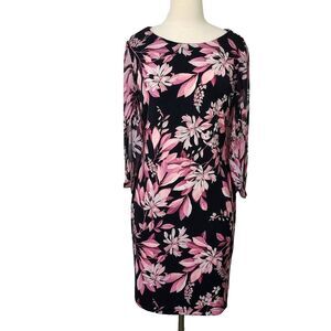 Connected Apparel Dress Petal Sleeve Black Pink Floral Womens Size 10 Stretch